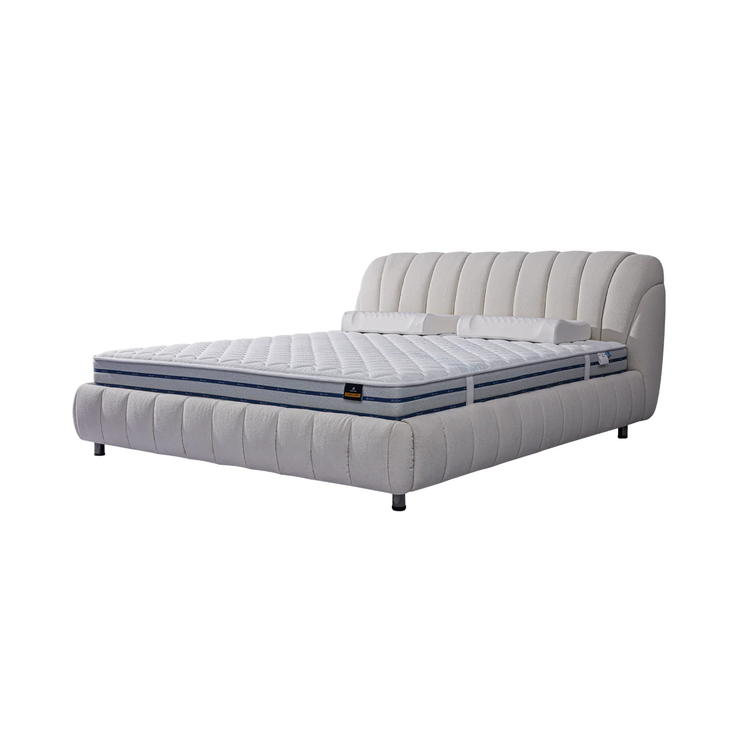Modern white fabric bed frame BOC1 - 015 with tufted headboard and frame, featuring a comfortable mattress. Sleek and sturdy design.